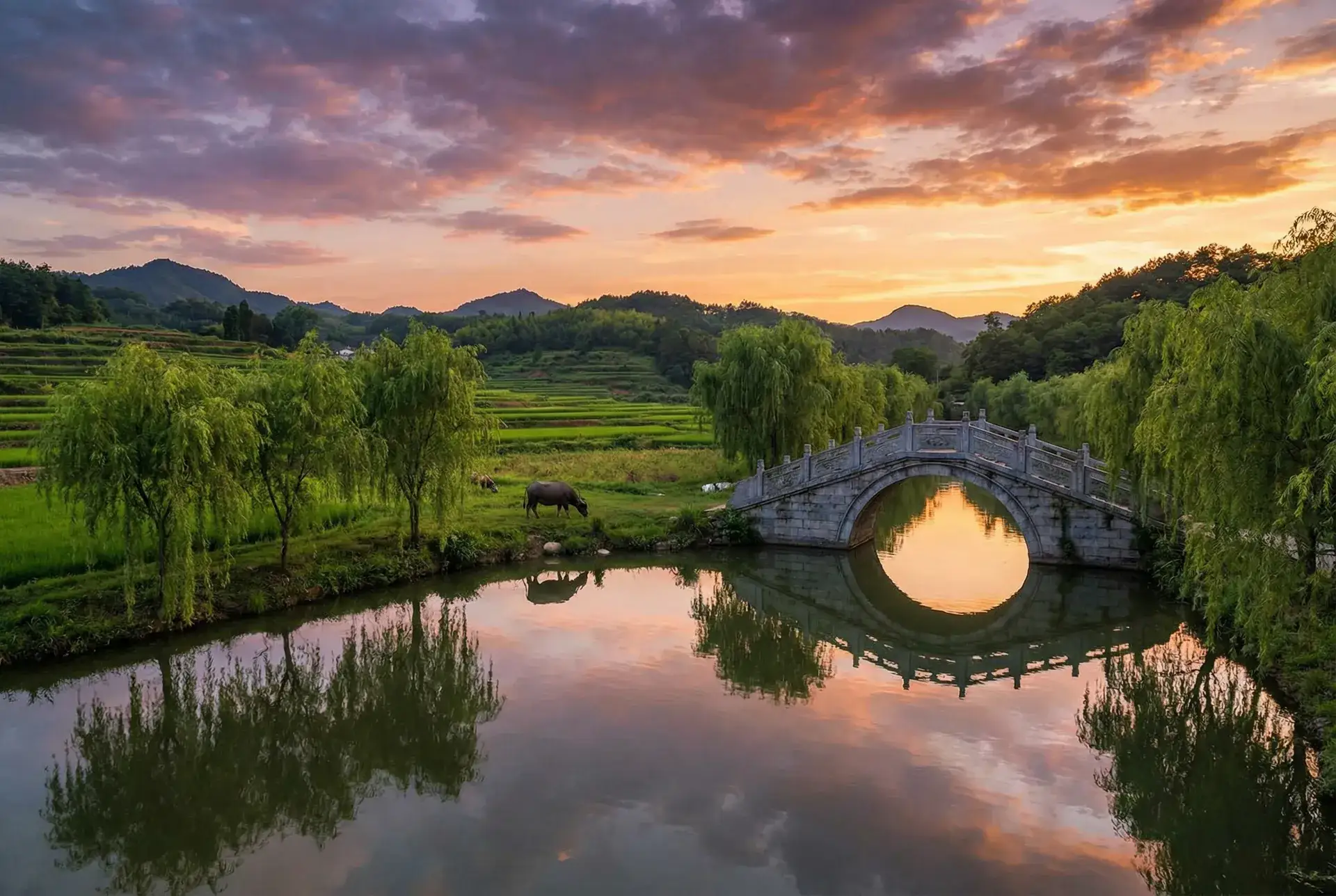 夕阳下的石拱桥与垂柳，水牛在河边吃草 - 问道幽冥血蛇 乡村美景